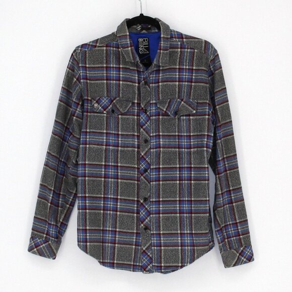 4 Billabong Grey Plaid Flannel Button-Up Shirt Men Size Small 100% Cotton - Picture 1 of 4